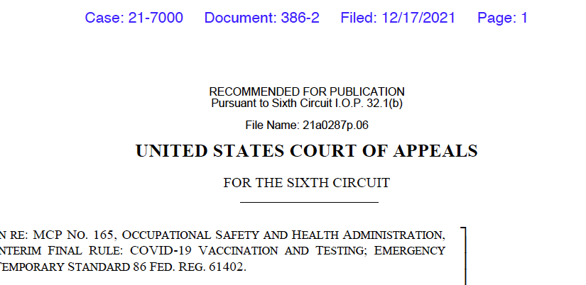 ETS BREAKING NEWS – 6th Circuit Dissolved the Stay of the OSHA ETS, Emergency Stay Application Filed, New Compliance Deadlines