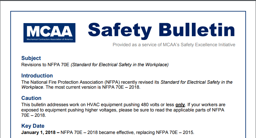 New MCAA Safety Bulletin Covers Key Changes to NFPA 70E (Electrical Safety in the Workplace)